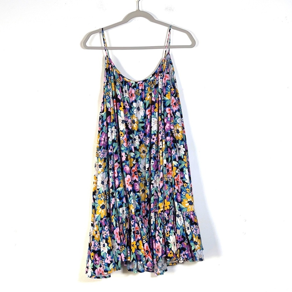 Storia Spaghetti Strap Mini Sun Dress Women Sz L Multi Floral Ruffle Hem SD2083R